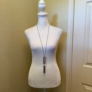 Chico's Silver-Tone Link Bar Pendant Tassel Link Chain Adjustable Long Necklace